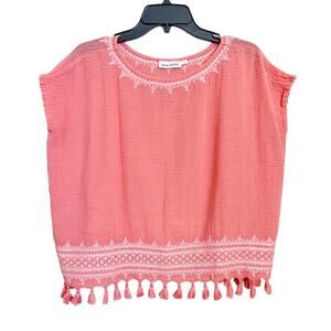 Roberta ROLLER RABBIT Womens Lalla Boxy Top Woven Coral Sz XS Tassel Embroidered